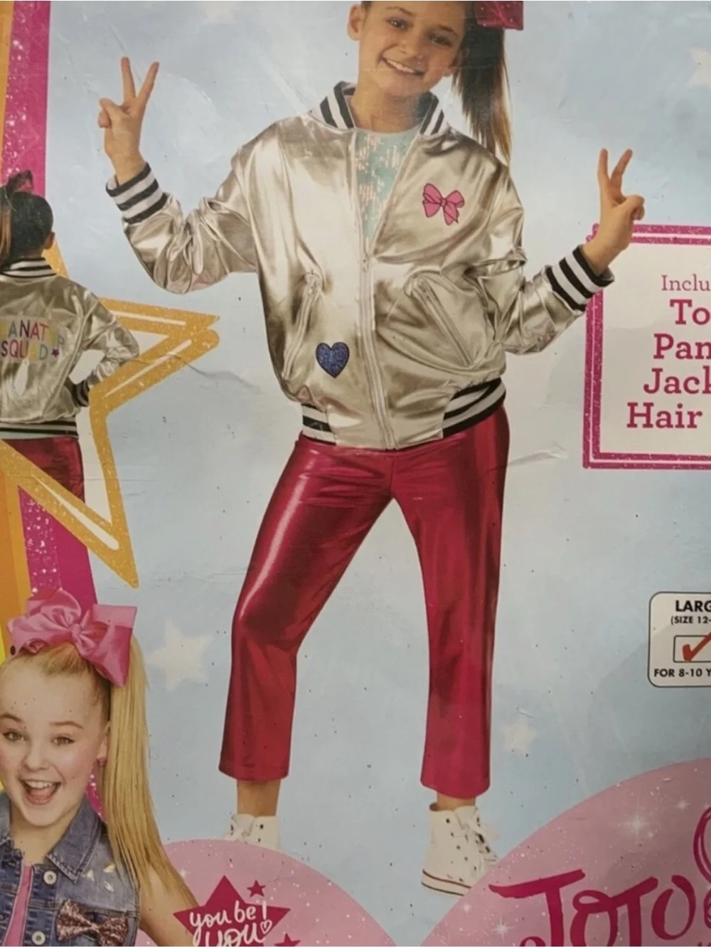 JoJo Siwa Silver Bomber Jacket with Metallic Pink Pants & Pink Bow Costume